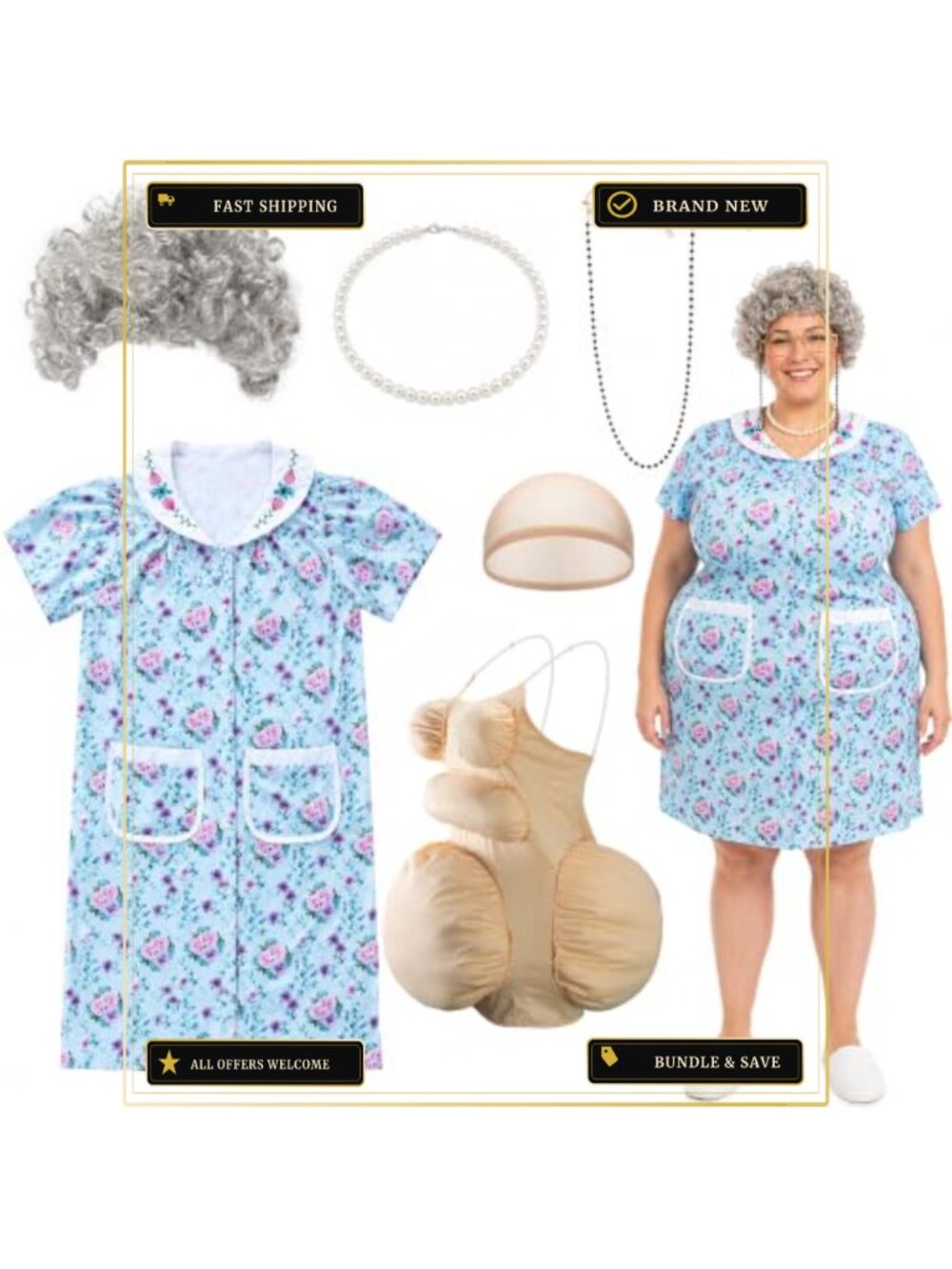 7 Pc Halloween Fat Old Lady Costume Set Grandma Dress Wig Adult